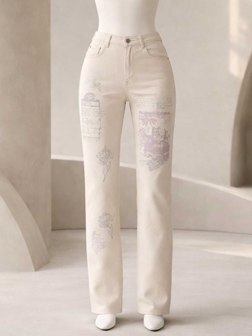 Ralph Lauren Cream Ankle Jeans with Subtle Lavender Prints